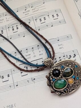 Boho Multi-Stone Pendant Necklace in Green & Blue